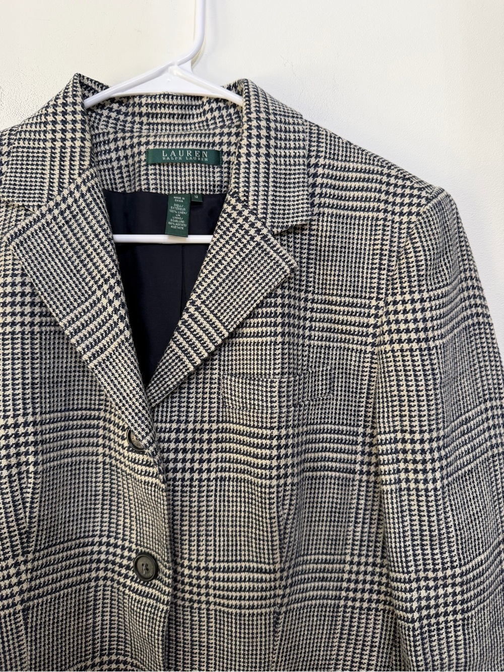 Vtg Lauren Ralph Lauren Linen Houndstooth Blazer Jacket CBK Navy Beige Womens 12 - Picture 2 of 8